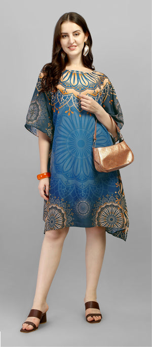 Women's Blue Printed Satin Short Kaftan Dress with Mandala Motif - image 1