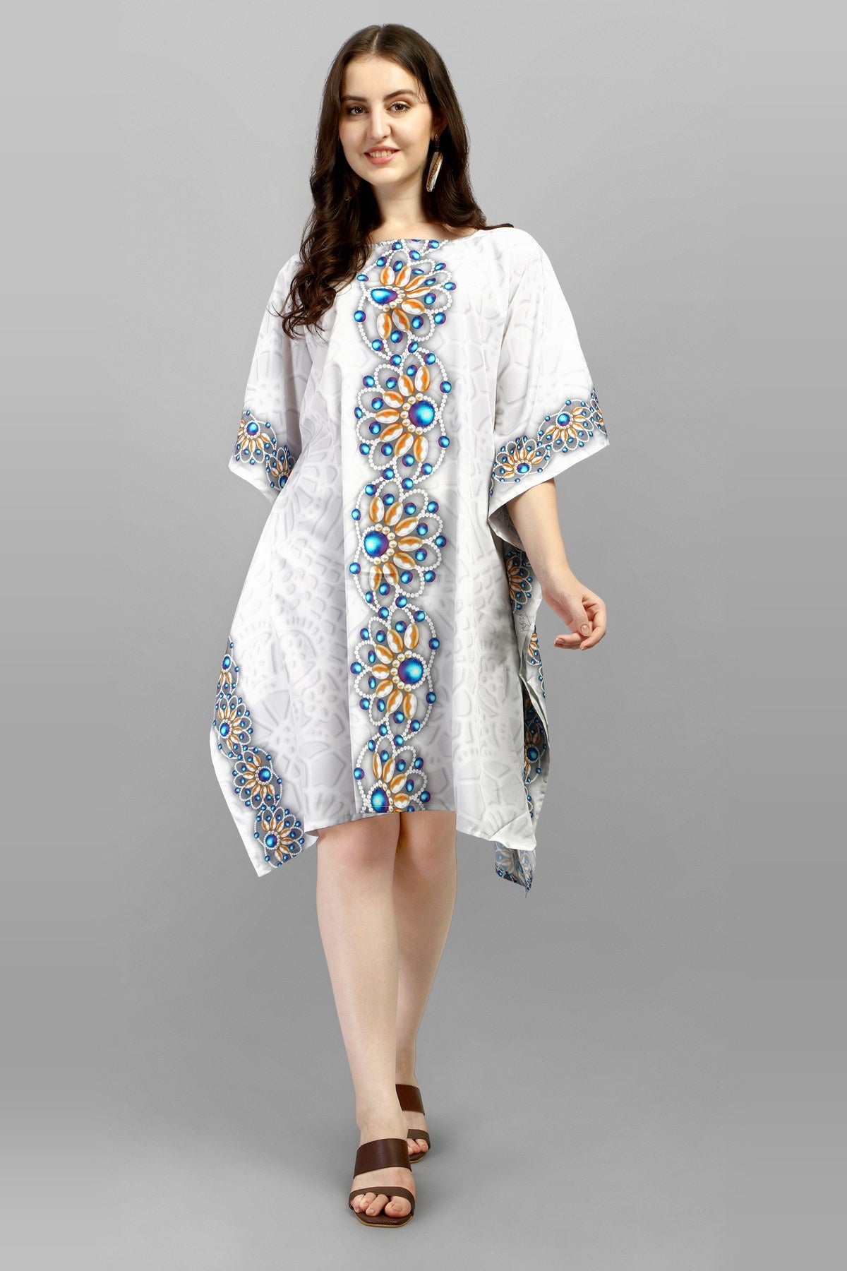 Radiant Bloom Printed White Kaftan Dress