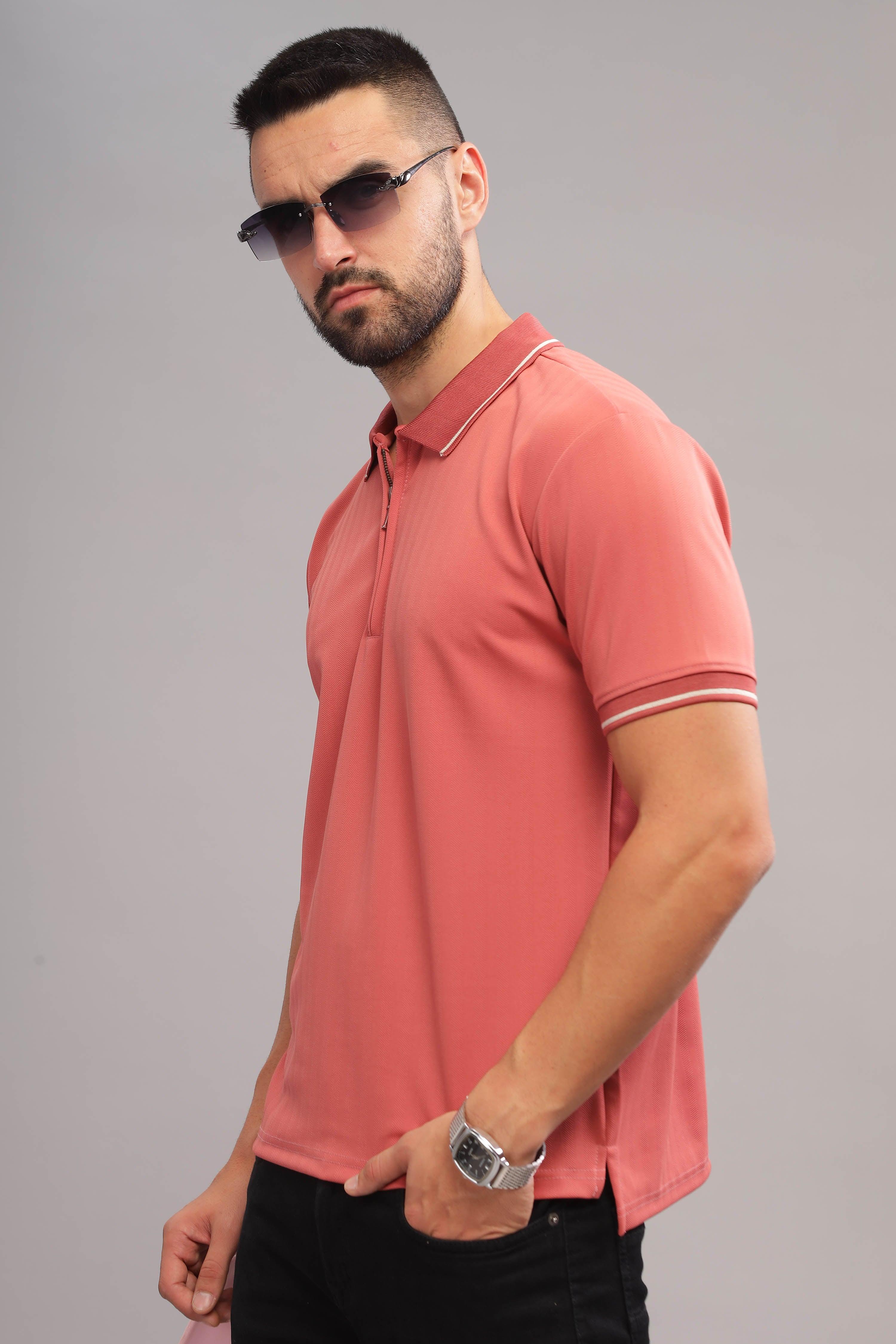 Ribbed collar and metallic zipper placket polo