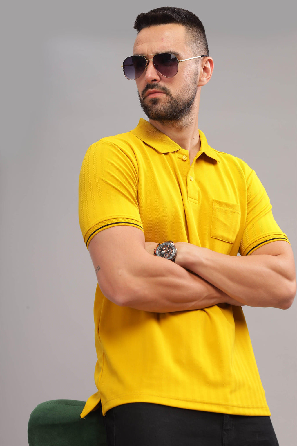 yellow polo shirt