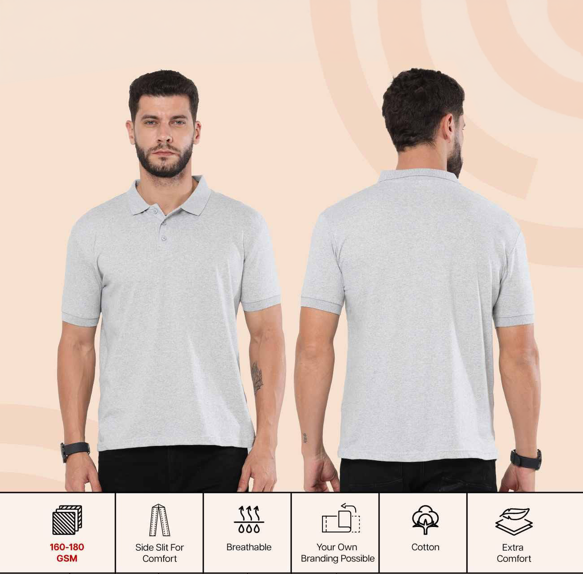 A man modeling a light gray heather short-sleeve polo shirt, shown from both the front and back views against a soft beige background. A feature list banner is visible at the bottom with text like '180-180 GSM', 'Sick Ute For Comfort', 'Breathable', 'Your Own Branding Possible', 'Cotton', and 'Extra Comfort'.