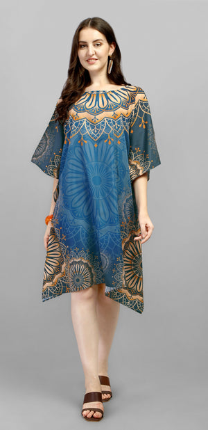 Women's Blue Printed Satin Short Kaftan Dress with Mandala Motif - image 2