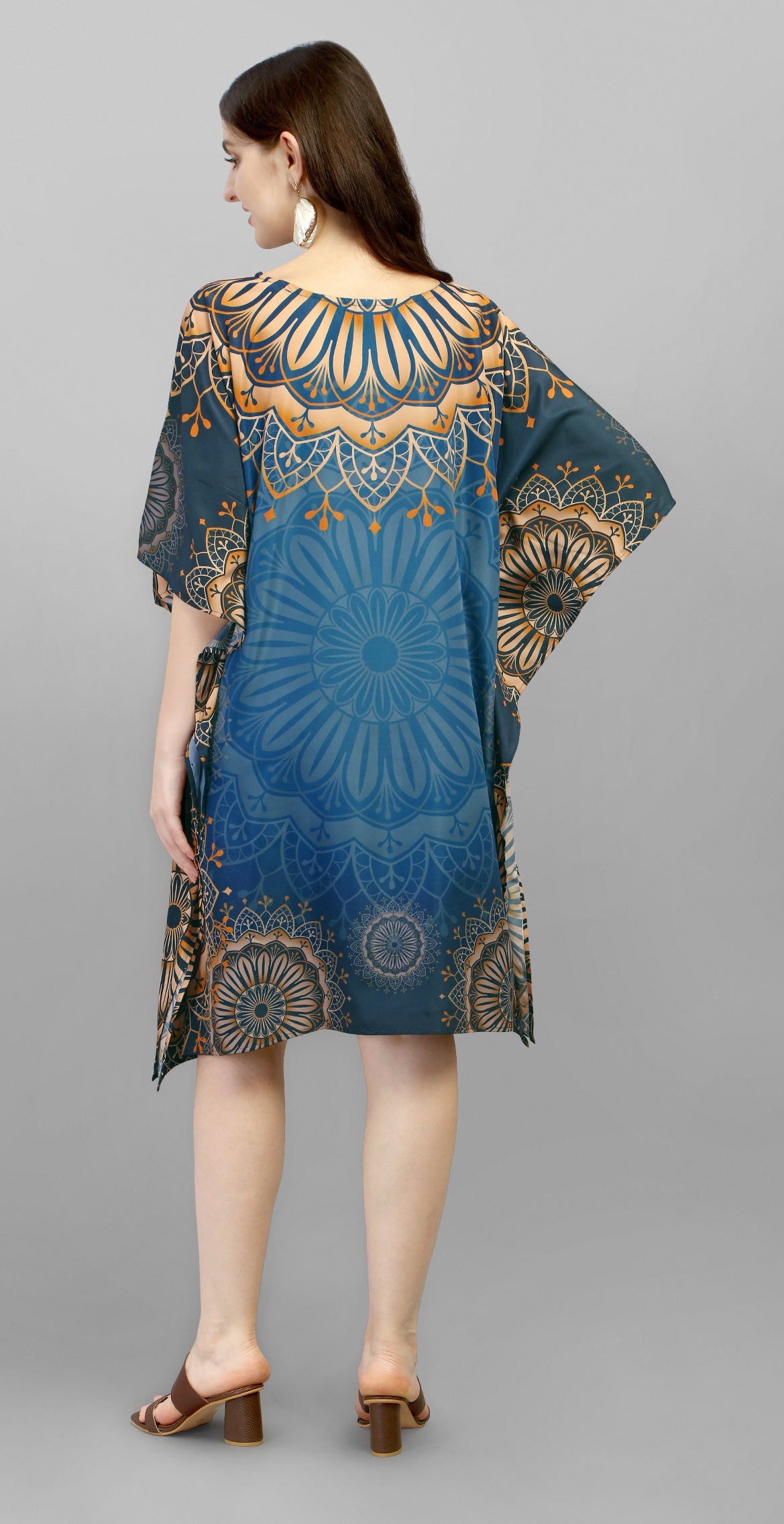 Women's Blue Printed Satin Short Kaftan Dress with Mandala Motif - image 3