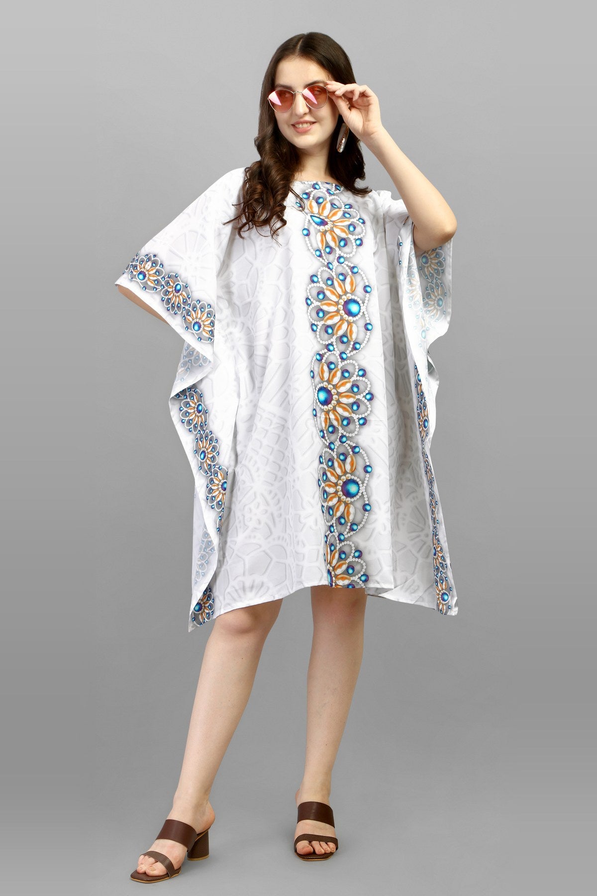 Radiant Bloom Printed White Kaftan Dress